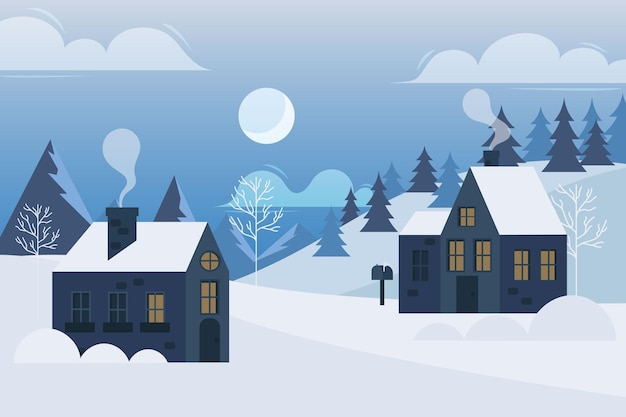 Hand drawn flat winter village illustration