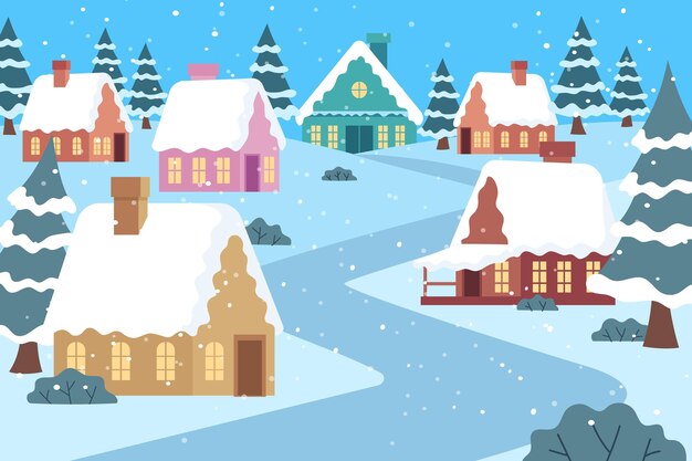 Hand drawn flat winter village illustration