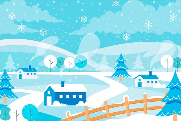 Hand drawn flat winter village illustration