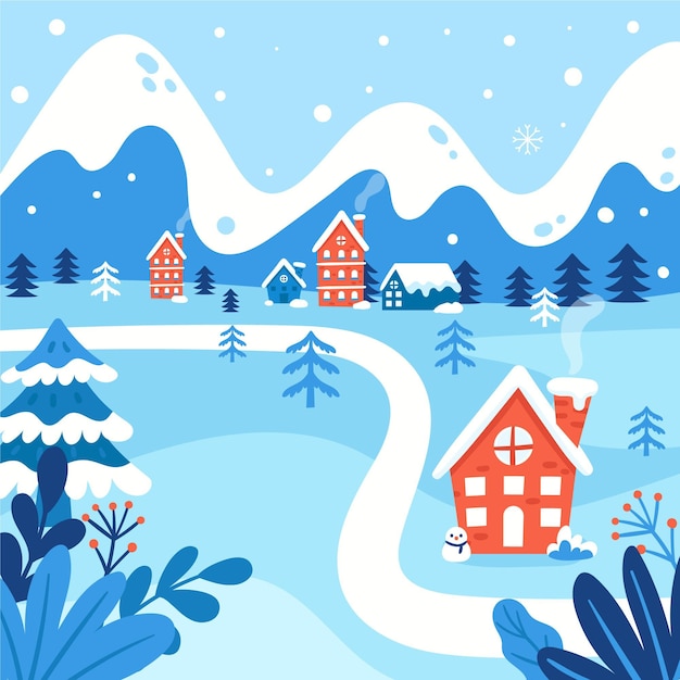 Hand drawn flat winter village illustration