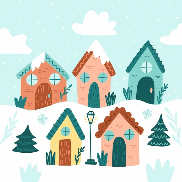 Hand drawn flat winter village illustration