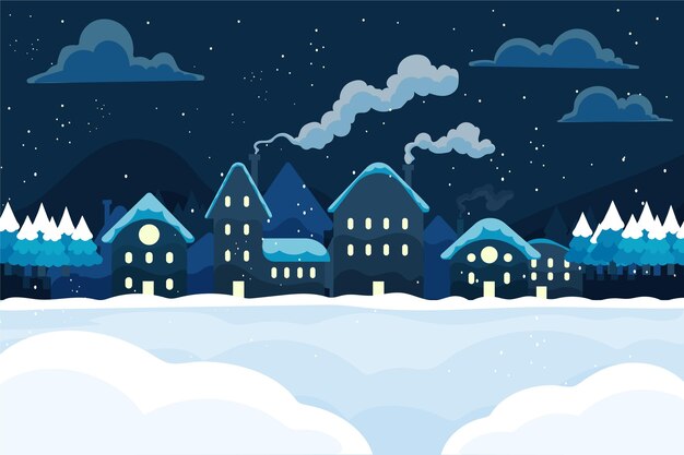 Hand drawn flat winter village illustration