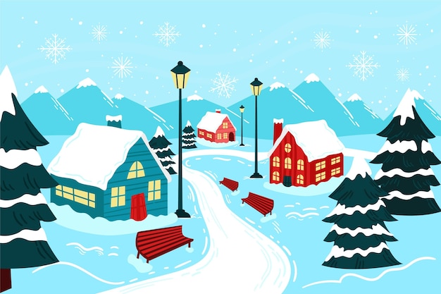 Hand drawn flat winter village illustration