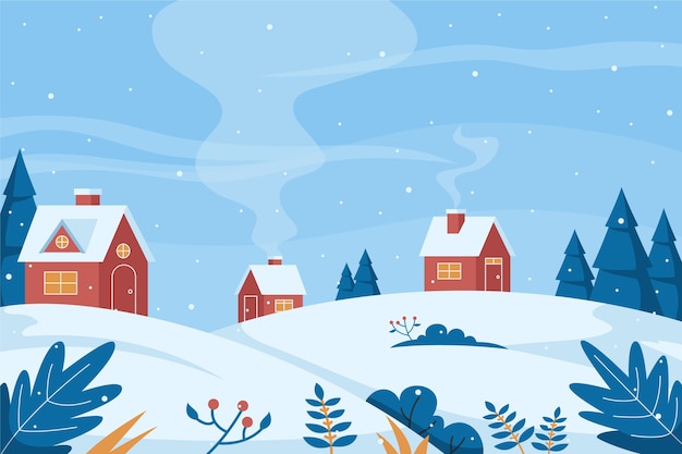 Hand drawn flat winter village illustration