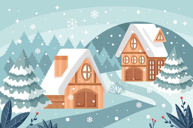 Hand drawn flat winter village illustration