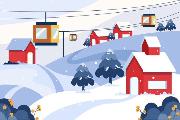 Hand drawn flat winter village illustration