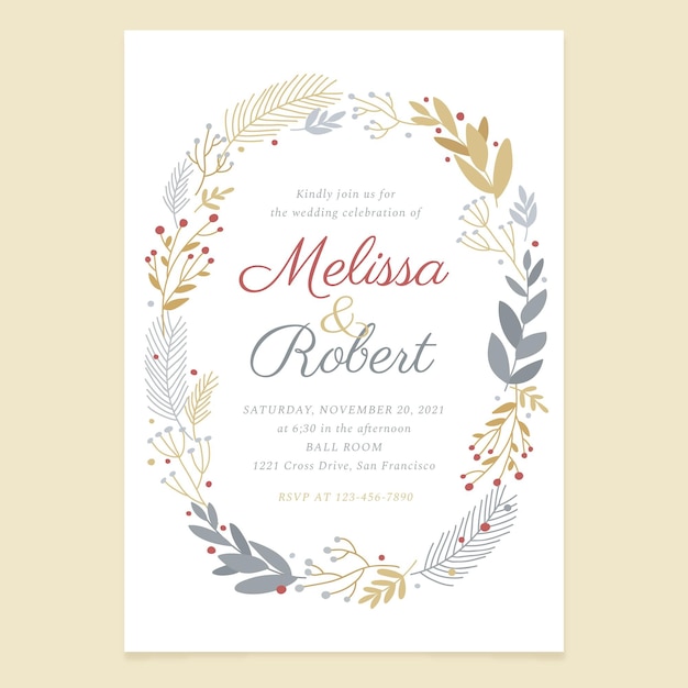 Hand drawn flat winter wedding invitation template