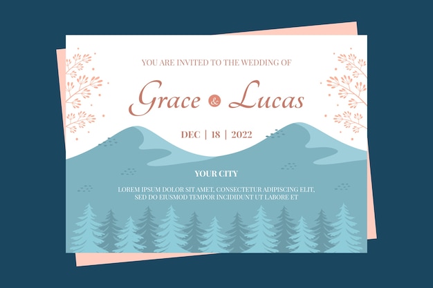 Hand drawn flat winter wedding invitation template