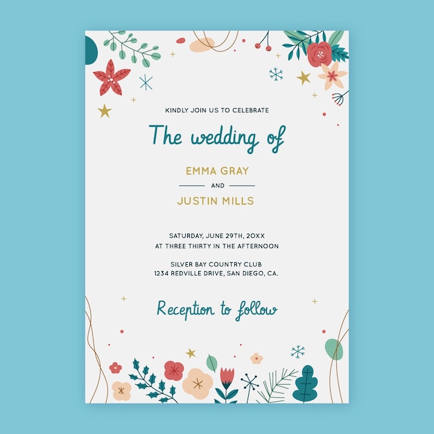 Hand drawn flat winter wedding invitation template