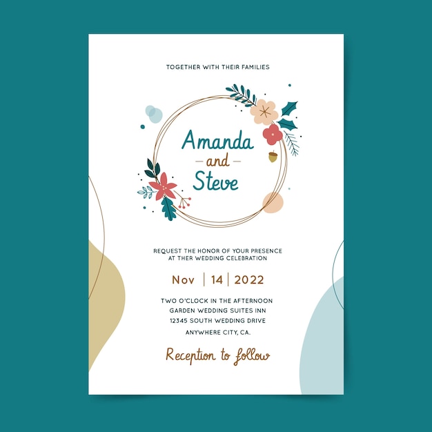 Hand drawn flat winter wedding invitation template