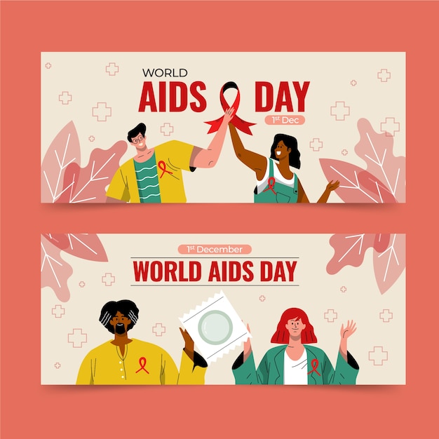 Hand drawn flat world aids day horizontal banners set