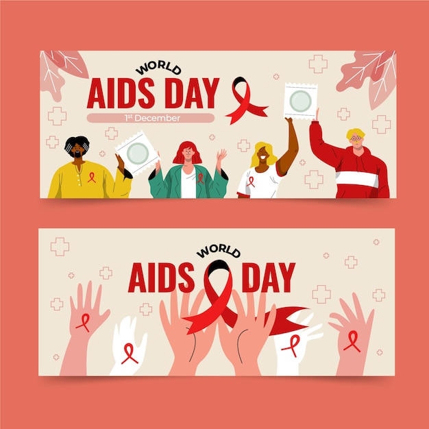 Hand drawn flat world aids day horizontal banners set