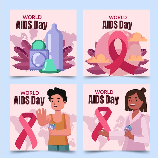 Hand drawn flat world aids day instagram posts collection