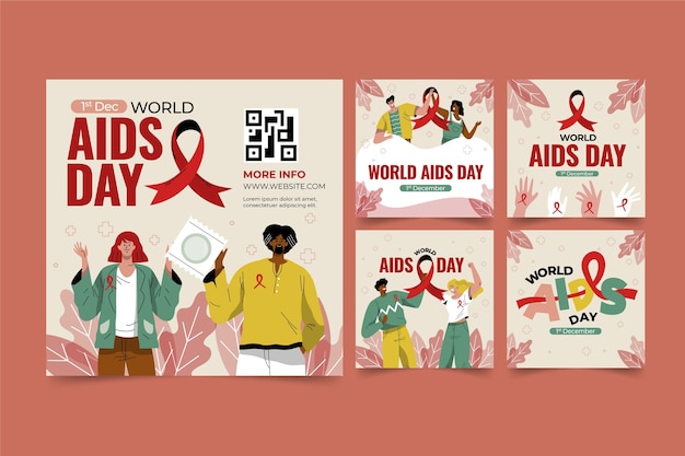 Hand drawn flat world aids day instagram posts collection