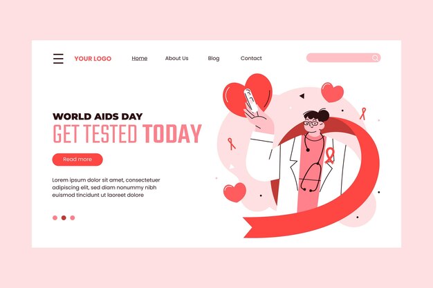 Hand drawn flat world aids day landing page template