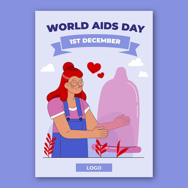 Hand drawn flat world aids day vertical poster template