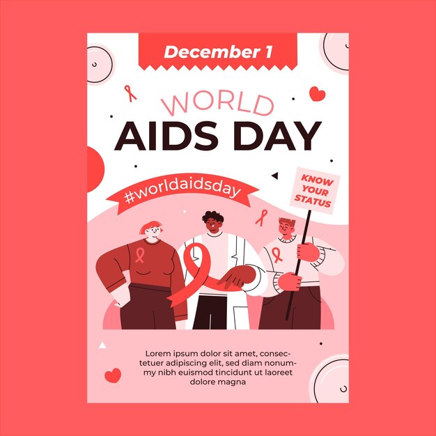 Hand drawn flat world aids day vertical poster template