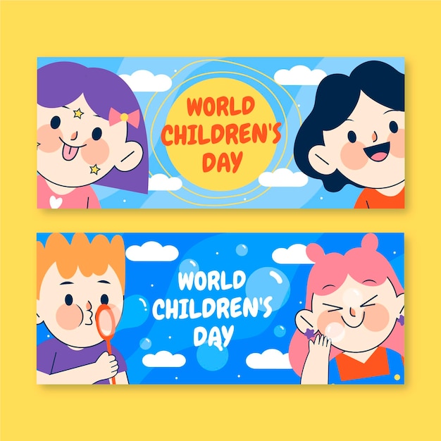 Hand drawn flat world children's day horizontal banners set