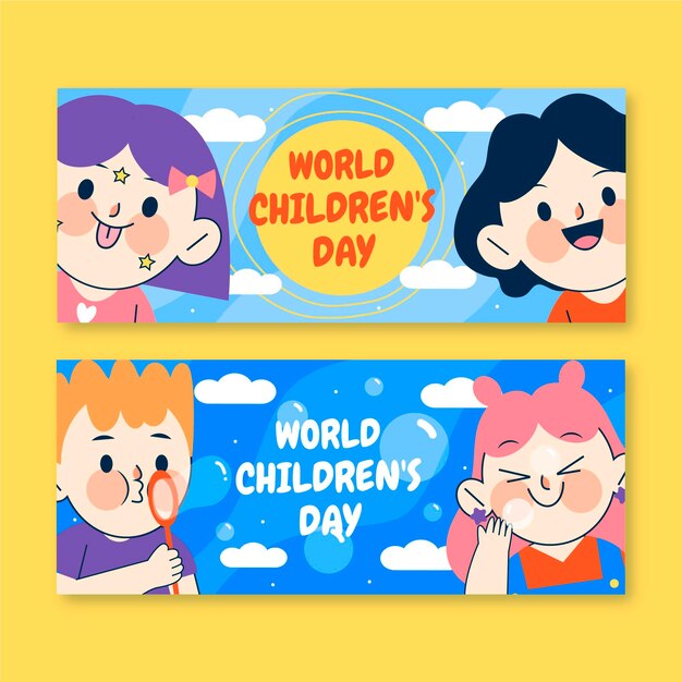 Hand drawn flat world children's day horizontal banners set