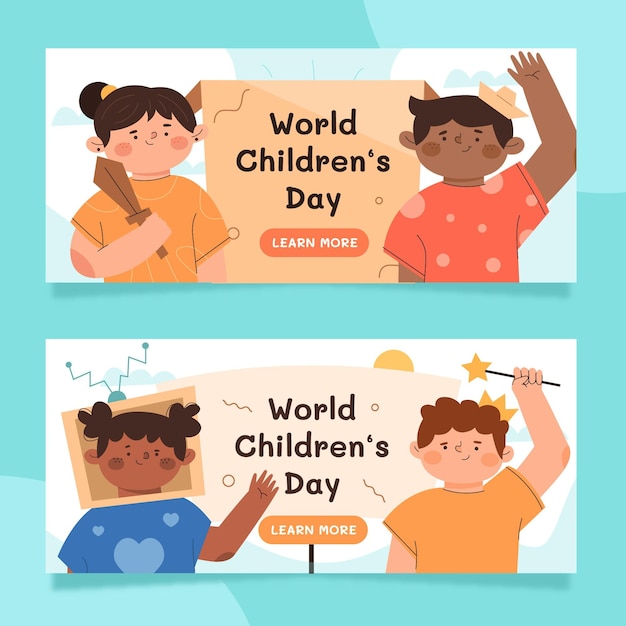 Hand drawn flat world children's day horizontal banners set