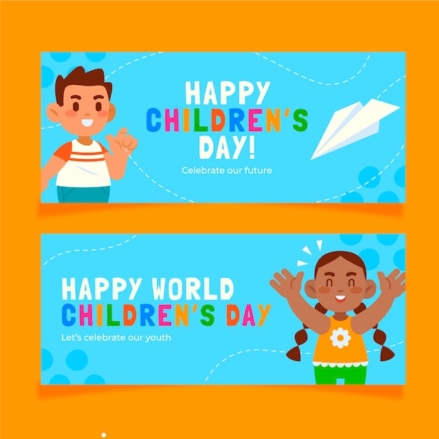 Hand drawn flat world children's day horizontal banners set