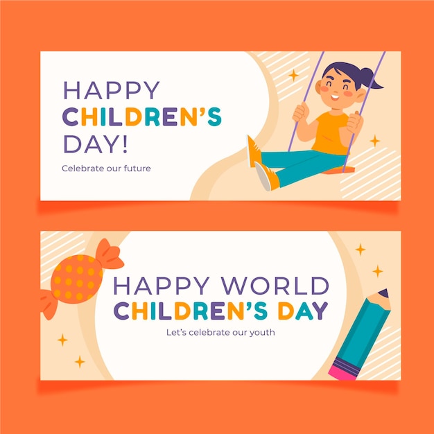 Hand drawn flat world children's day horizontal banners set