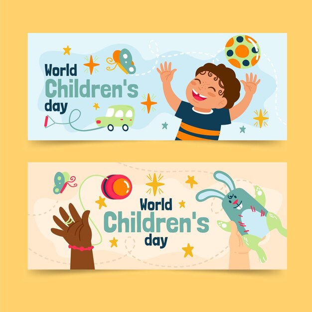 Hand drawn flat world children's day horizontal banners set