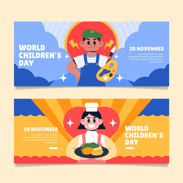 Hand drawn flat world children's day horizontal banners set