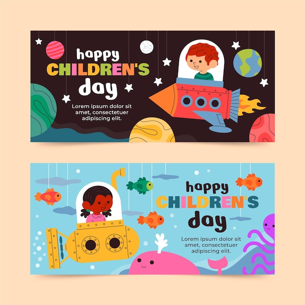 Hand drawn flat world children's day horizontal banners set