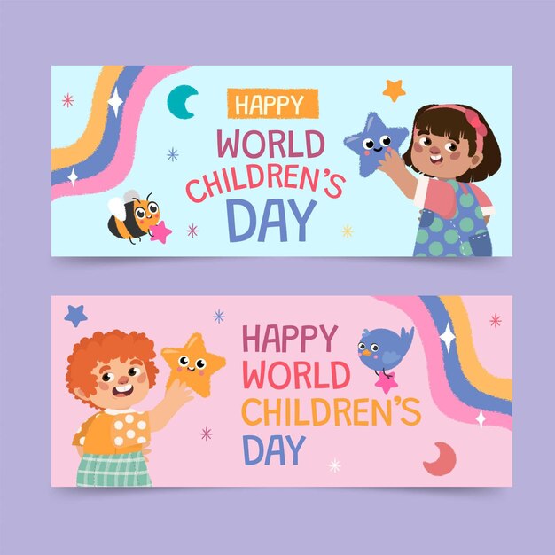 Hand drawn flat world children's day horizontal banners set