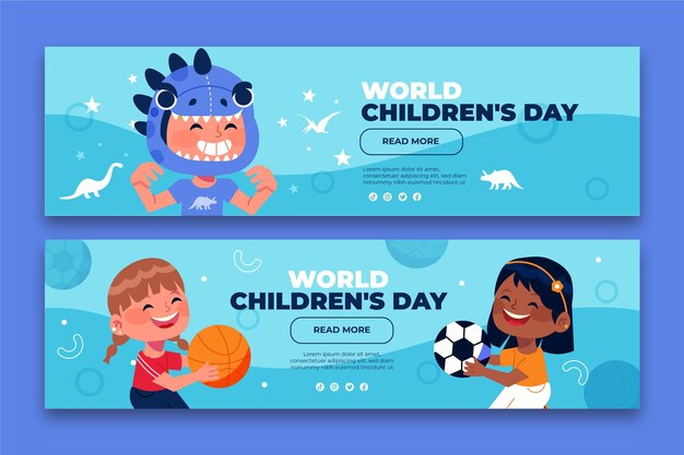 Hand drawn flat world children's day horizontal banners set