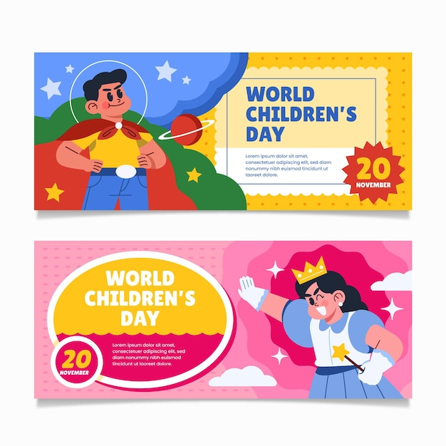 Hand drawn flat world children's day horizontal banners set