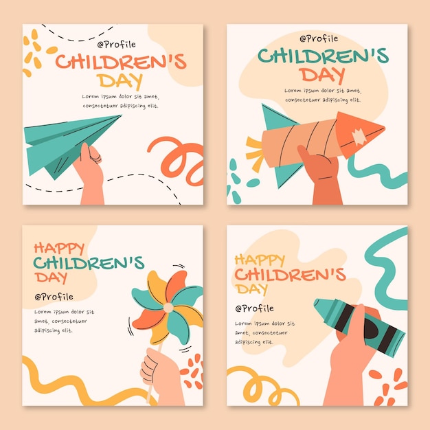 Free vector hand drawn flat world children's day instagram posts collection