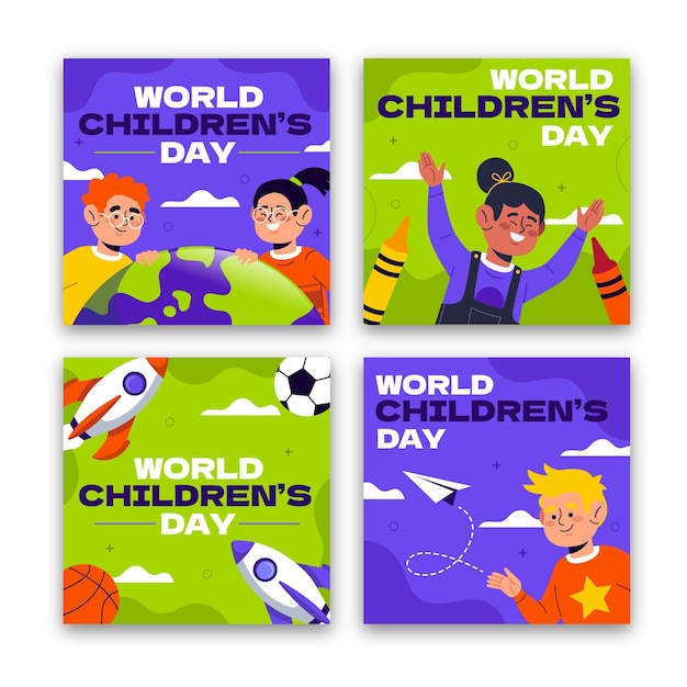 Hand drawn flat world children's day instagram posts collection