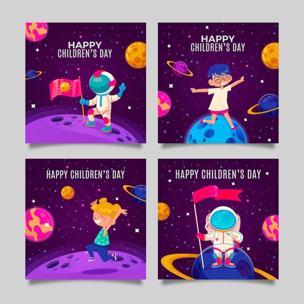 Free vector hand drawn flat world children's day instagram posts collection