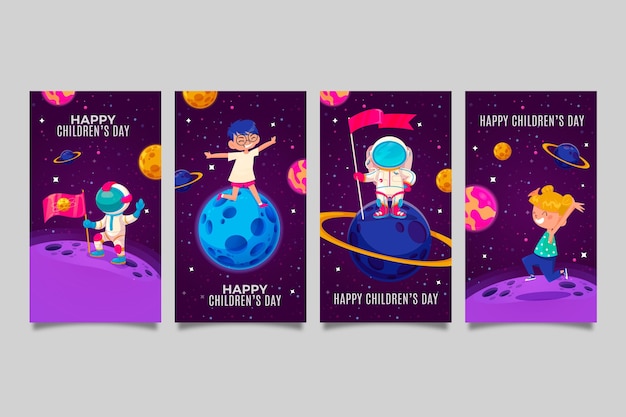 Free vector hand drawn flat world children's day instagram stories collection