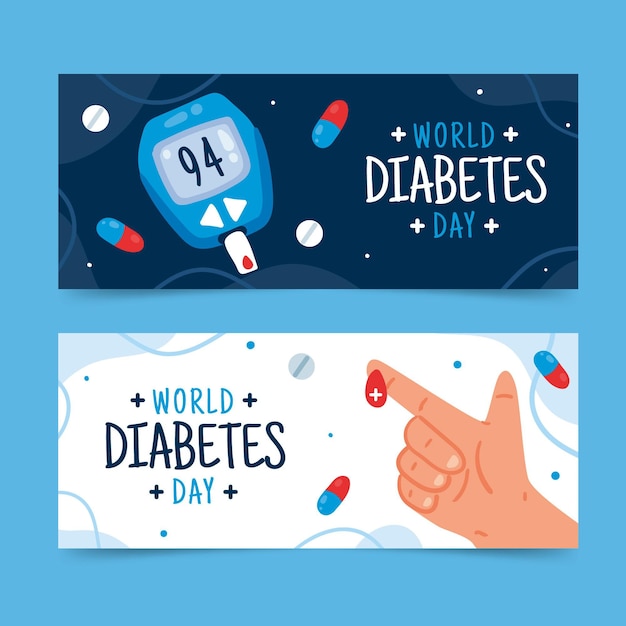 Hand drawn flat world diabetes day horizontal banners set