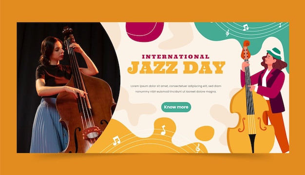 Free vector hand drawn flat world jazz day horizontal banner template