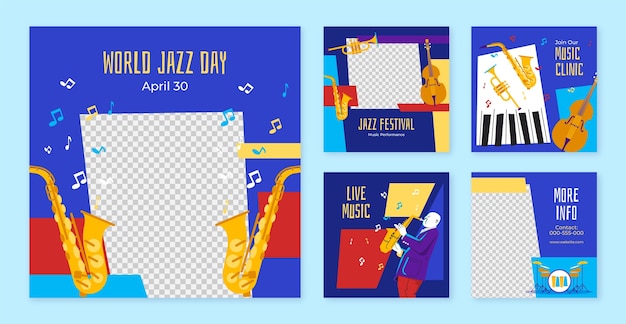 Free Vector hand drawn flat world jazz day instagram post template set