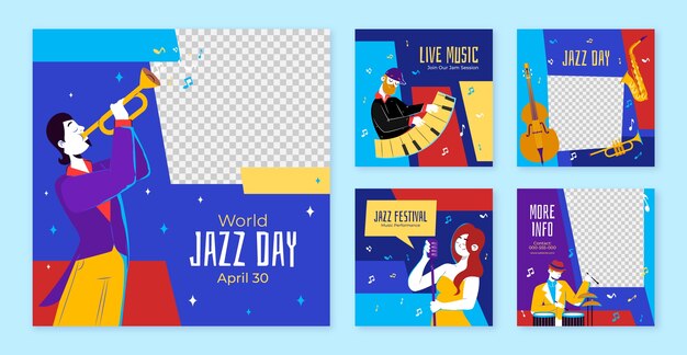 Free Vector hand drawn flat world jazz day instagram post template set