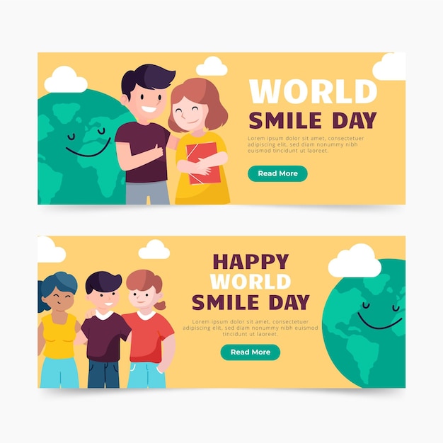 Hand drawn flat world smile day horizontal banners set