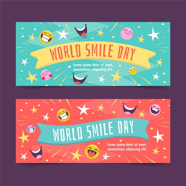 Hand drawn flat world smile day horizontal banners set