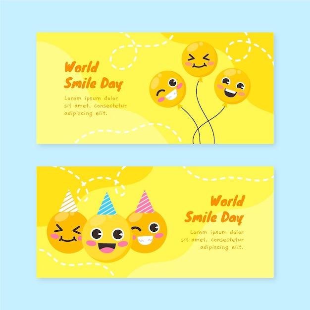 Hand drawn flat world smile day horizontal banners set