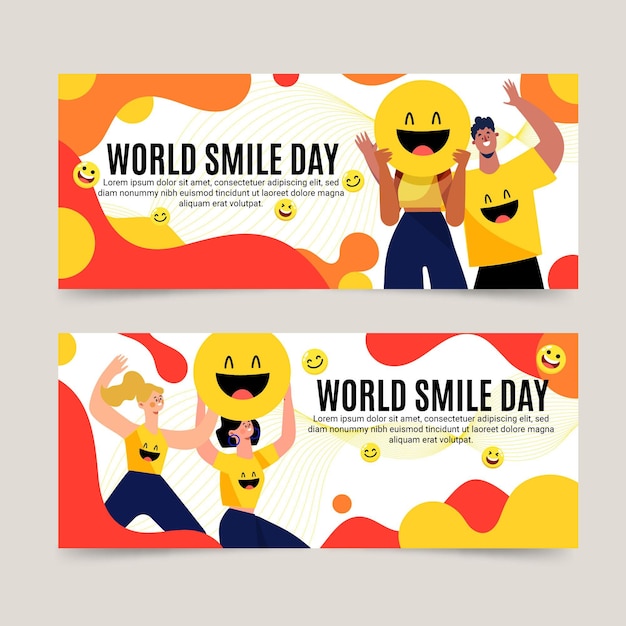 Hand drawn flat world smile day horizontal banners set