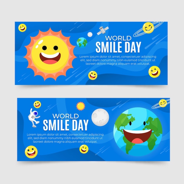 Hand drawn flat world smile day horizontal banners set