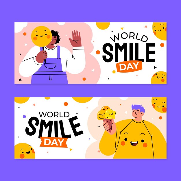 Hand drawn flat world smile day horizontal banners set