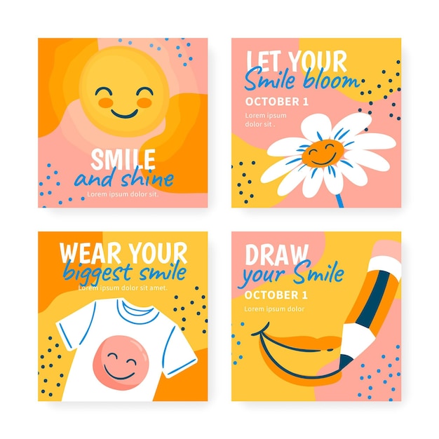 Free Vector hand drawn flat world smile day instagram posts collection