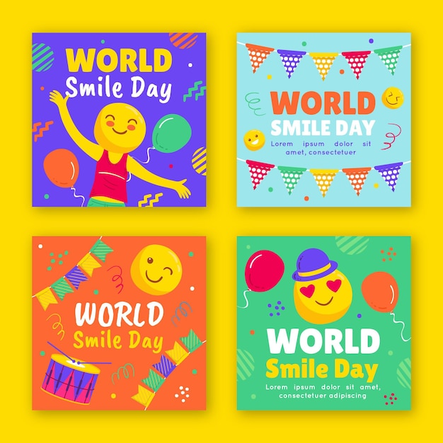 Free Vector hand drawn flat world smile day instagram posts collection