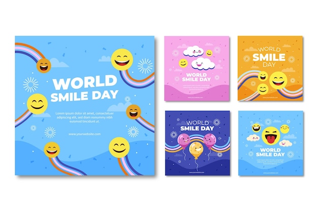 Free Vector hand drawn flat world smile day instagram posts collection