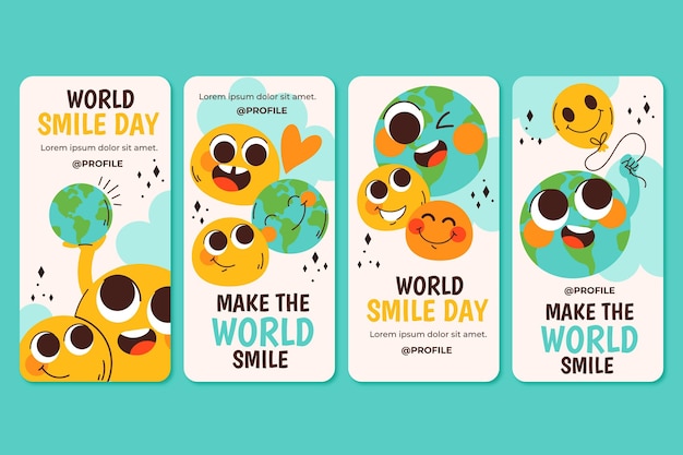 Hand drawn flat world smile day instagram stories collection